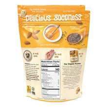 Organic granola pouch back with nutrition facts and honey almond branding