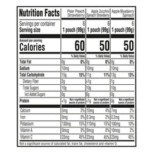 Nutrition facts panel for organic baby food pouches, servings and calories table