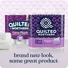 Quilted Northern Ultra Plush toilet paper rolls with two purple product packages.