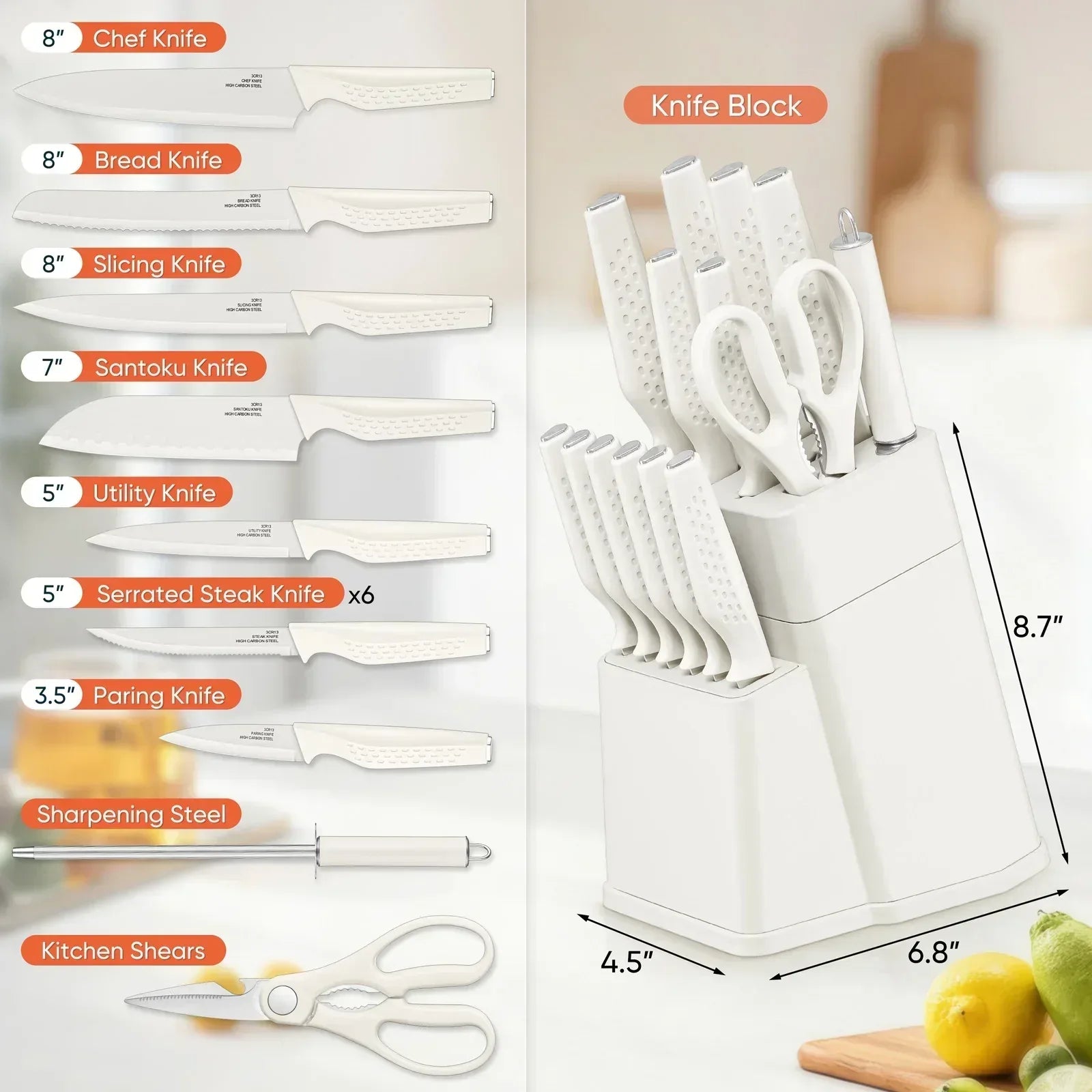 Vesteel Knife Block Set for Kitchen, 15-Piece High Carbon Stainless Steel Knives Set with Ergonomic Handle, Ultra-sharp & Rust Resistant - USA MEGA SHOP