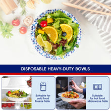 Printed paper bowl with blue floral rim, filled with salad