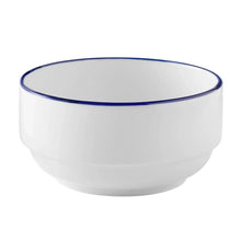 Stoneware dinner bowl with blue rim, white body