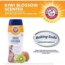 Arm & Hammer kiwi blossom scented dog shampoo label with baking soda enhanced formula badge.