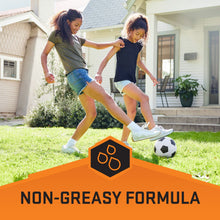People outdoors with non-greasy formula badge over an insect repellent promo layout