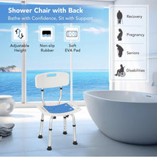 Adjustable shower chair with backrest, blue EVA padded seat, and non-slip feet