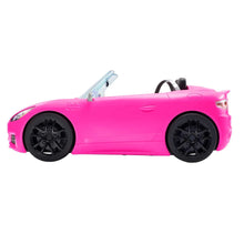 Bright pink convertible toy car side view with open top and black wheels