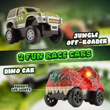 Green and gray off-road dinosaur car and red dinosaur car with bright LED lights