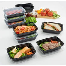 Meal prep food storage containers set with clear lids, dark bases, filled meal portions