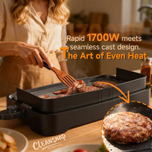 SENSCHEF electric griddle with raised shield and burgers cooking on the surface