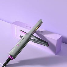 2-in-1 mini flat iron and curler, gray body with purple trim and heating plates