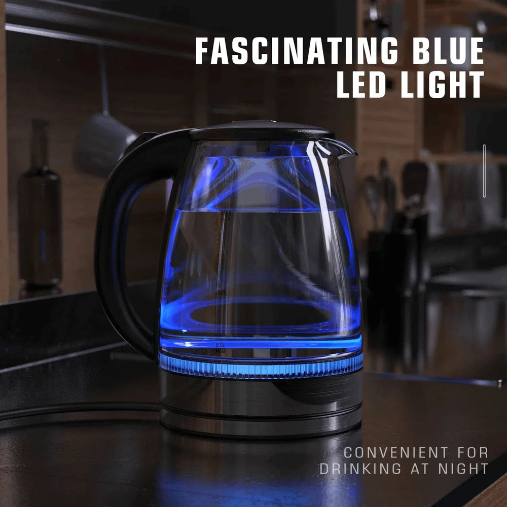 Electric Kettle, 1.7L Glass Boiler Electric Tea Kettle with Blue LED Indicator Light, Silver - USA MEGA SHOP