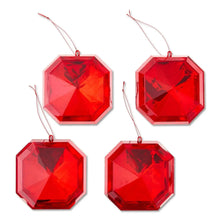 Set of four red faceted square gem ornaments with hanging loops