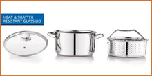 Stainless steel steamer pot with glass lid and perforated steaming basket