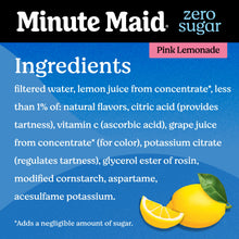 Zero sugar pink lemonade ingredients text with lemon slices and leaf graphics