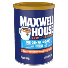 Maxwell House original roast ground coffee canister, smooth and rich, blue with gold lid.