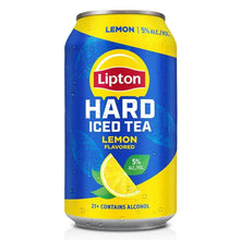 Lemon flavored hard iced tea can with blue and yellow label; 5% ABV