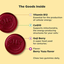 Berry Yuza berry gummy pieces with OLLY branding beside ingredient highlights