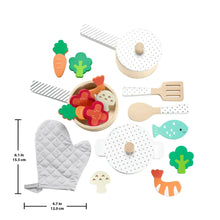 Wooden pots and pans set pieces with oven mitt, cookware lids, and pretend food