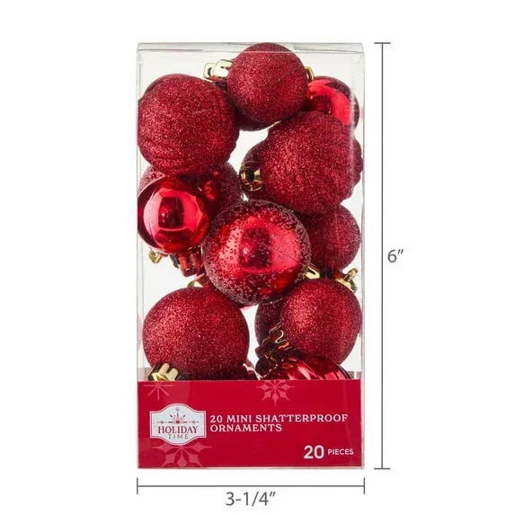 Mini Red Multi-Textured Shatterproof Christmas Ornaments, 20 Count, by Holiday Time - USA MEGA SHOP