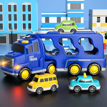 Blue city truck carrier toy with four toy cars: yellow, light blue, green, and small taxi