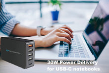 Black multi-port USB-C charger shown near a laptop, labeled 30W power delivery