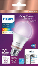 Smart LED bulb retail box front with frosted bulb and feature labels