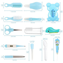 Blue baby grooming set tools laid out: comb, brush, scissors, clippers, thermometer, and more