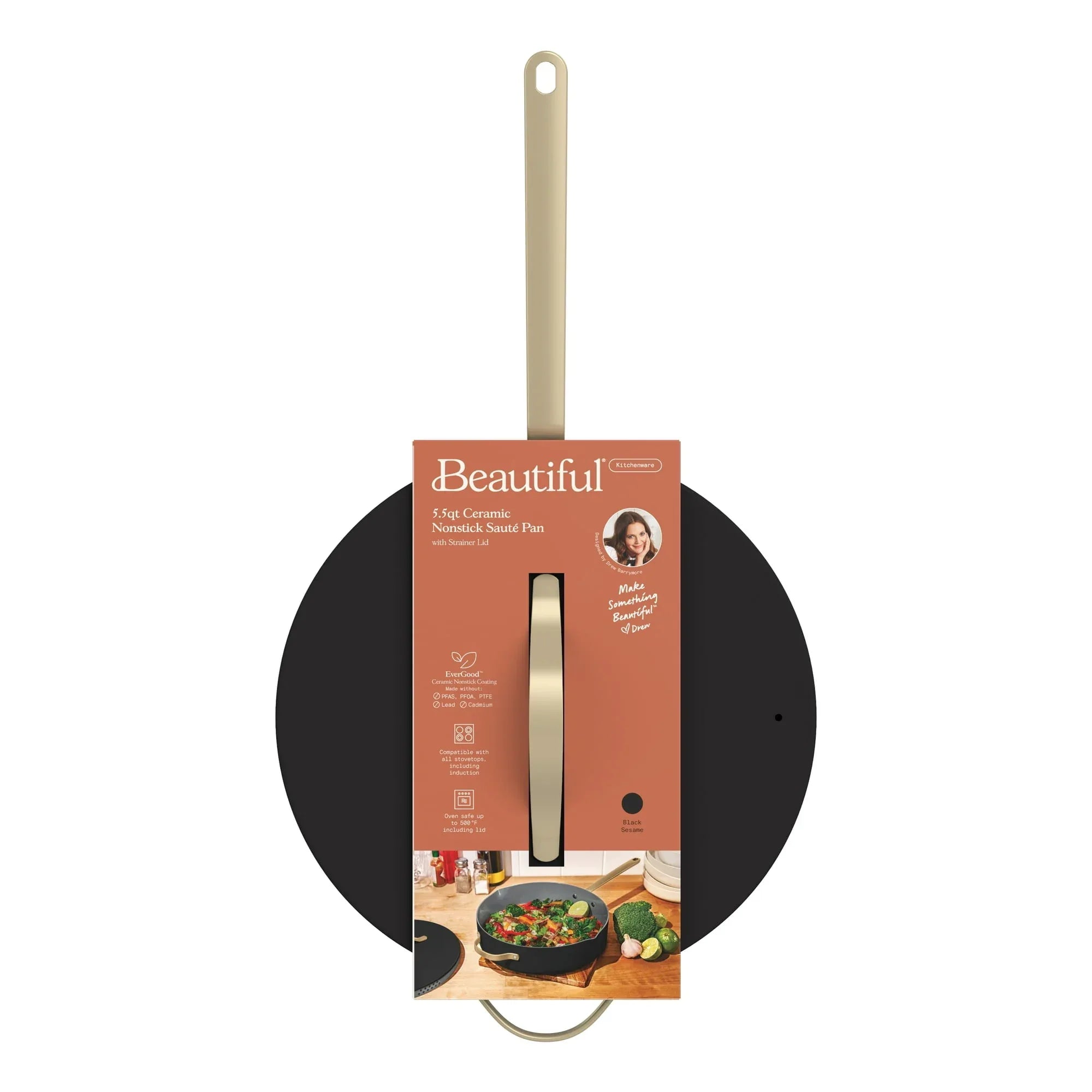 Beautiful 5.5 Quart Ceramic Non-Stick Sauté Pan with Strainer Lid, Black Sesame by Drew Barrymore