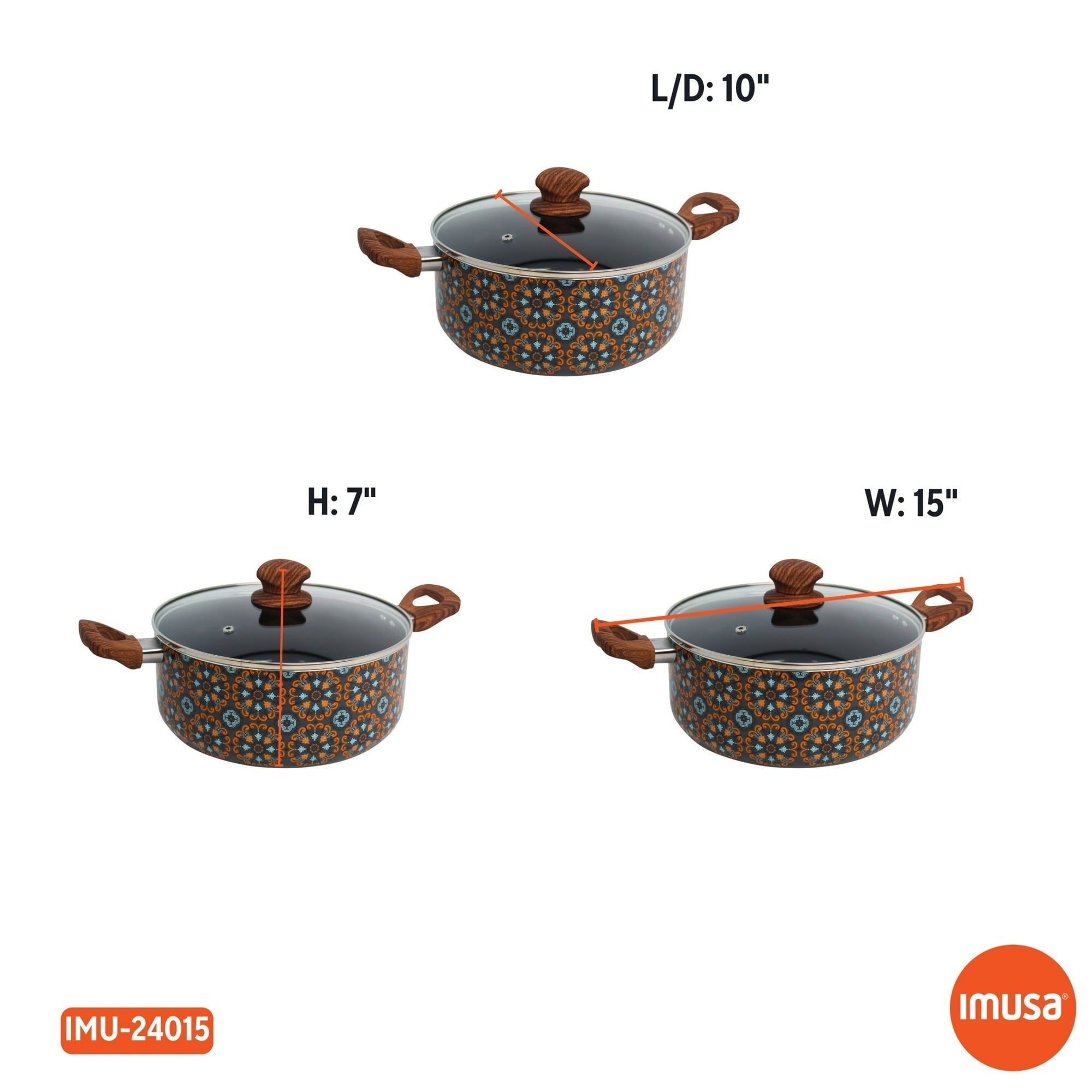 IMUSA 4.8qt Talavera Aluminum Black Ceramic Dutch Oven with Glass Lid & Wood Look Handles