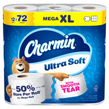 Charmin Ultra Soft Mega XL toilet paper 12-roll pack, white rolls with smooth tear