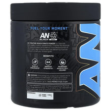 Back of blue raspberry creatine powder tub with benefits icons and supplement information