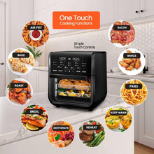 Black air fryer oven with front door open and touch-control panel