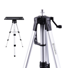 Projector tripod stand with silver legs, black head mount, and height adjustment lever