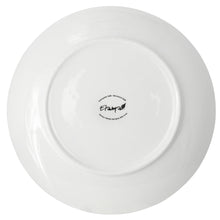 White porcelain dinner plate back with Elama logo in the center.