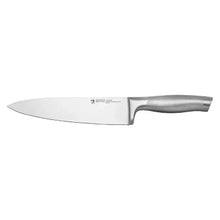 Stainless steel knife with textured gray handle and straight edge blade, side view