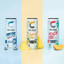 Three Celsius sparkling energy cans in Peach, Tropical, and Arctic flavors