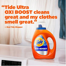 Tide Ultra Oxi Boost liquid detergent bottle, orange with blue label and blue cap