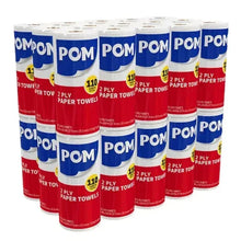 Pack of POM 2-ply paper towel rolls, individually wrapped in red and blue