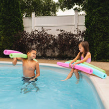 Backyard pool swim noodles in pink, green, and purple float tubes