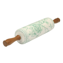 Ceramic rolling pin with wood handles and green rose-and-vine print