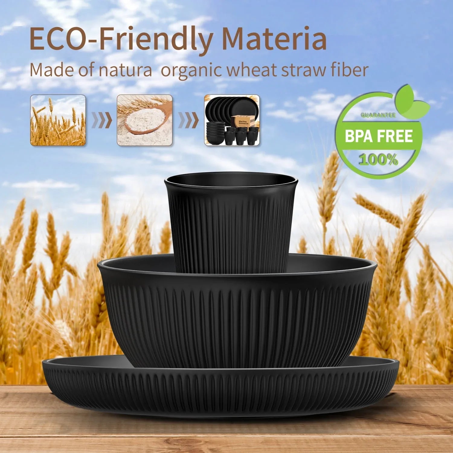 TINANA Wheat Straw Dinnerware Set, Service for 4, 48 PCS Unbreakable Plastic Plates and Bowls Sets, Dishwasher Microwave Safe, Black