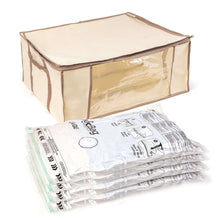Beige compression bag tote with zipper opening and included folded storage bags