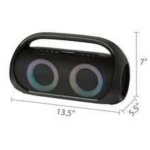 Portable FM boombox with LED-lit dual speaker rings; approx. 13.5 in wide