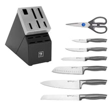 Self-sharpening knife block with gray top slots and upright knives