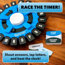 Blue word-tile spinner with central white timer token and letter tiles