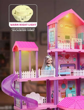 Pink dollhouse playset with warm night light glow across the top rooms and slide