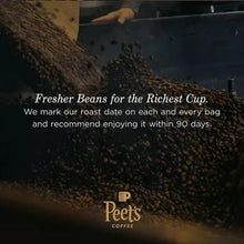 Coffee beans with Peet's logo and text about fresher beans and roast within 90 days