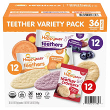 HappyBABY Organics variety pack of teething wafers and teether crackers, 36 individually wrapped pieces.