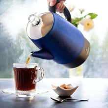 Blue electric coffee percolator pouring dark coffee into a glass cup