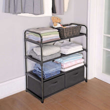 4-shelf closet organizer with fabric bins holding folded clothes on metal shelves